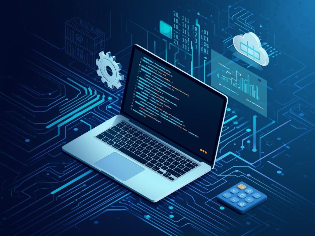 Tech and programming illustration for a calculator website featuring a laptop with code, circuit patterns, digital data charts, calculator, gear, binary code, and cloud symbol. Modern flat and semi-3D style with dark blue, teal, and white tones. Clean, innovative, tech-savvy, and professional design. Perfect for technology, programming, coding, software development, data analysis, and calculator category thumbnails. Web-optimized and high resolution.
