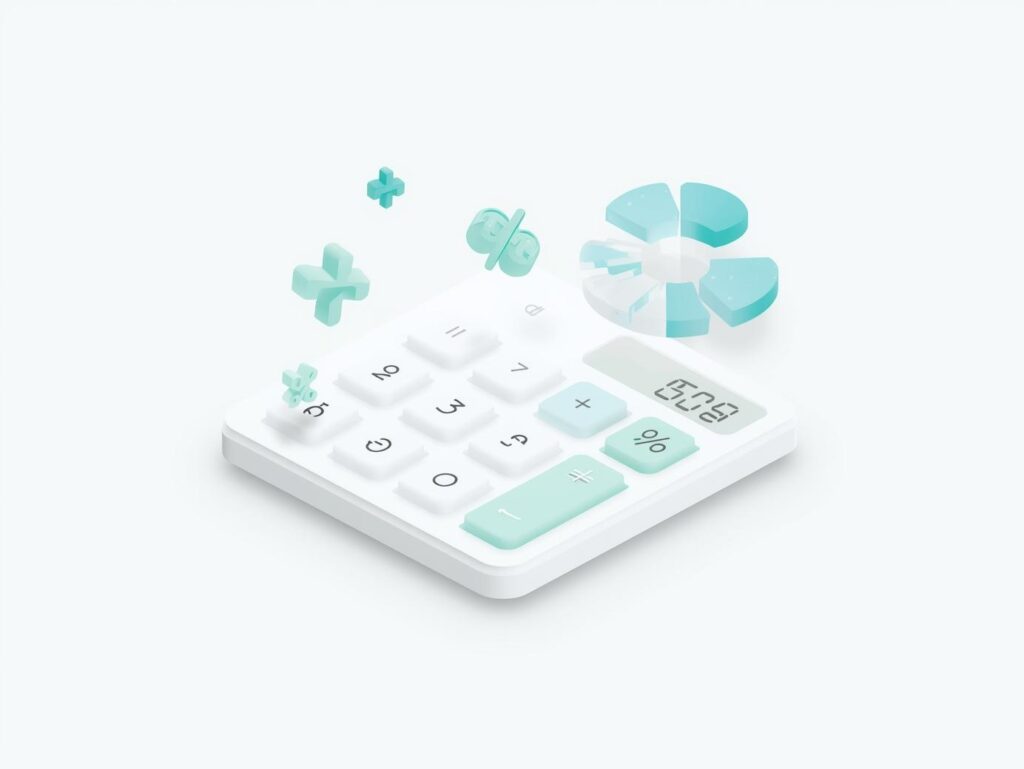 Basic and percentage illustration for a calculator website featuring digital dashboards, percentage charts, simple math symbols, and calculator icons. Modern flat and semi-3D style with blue, yellow, and white tones. Clean, clear, and professional design. Perfect for basic calculators, percentage calculators, math calculators, arithmetic calculators, and calculator category thumbnails. Web-optimized and high resolution.