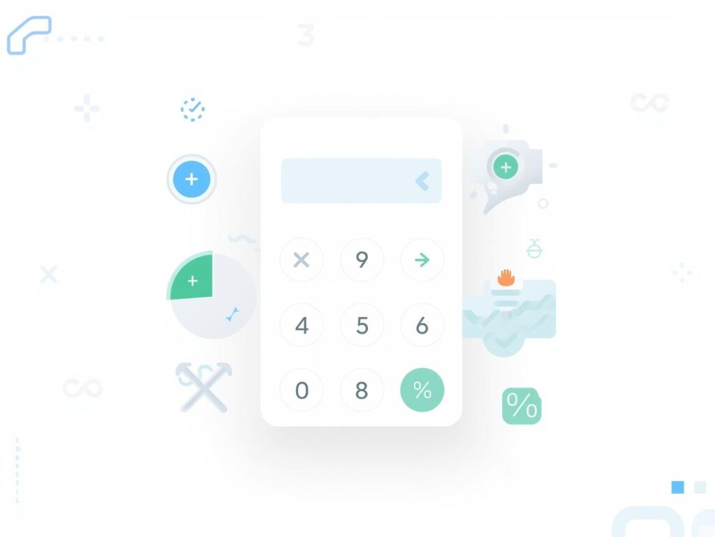 Basic and percentage illustration for a calculator website featuring digital dashboards, percentage charts, simple math symbols, and calculator icons. Modern flat and semi-3D style with blue, yellow, and white tones. Clean, clear, and professional design. Perfect for basic calculators, percentage calculators, math calculators, arithmetic calculators, and calculator category thumbnails. Web-optimized and high resolution.