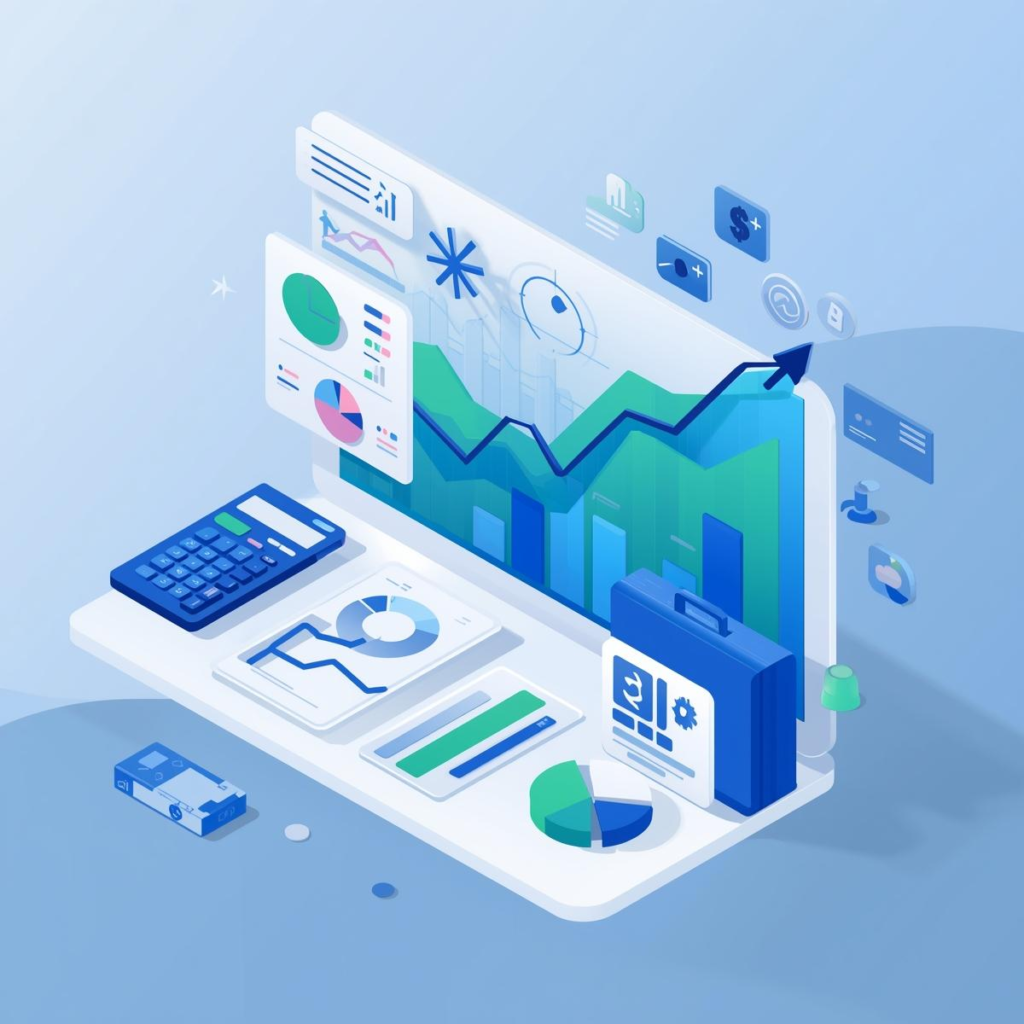Finance and business illustration for a calculator website featuring financial charts, graphs, digital dashboards, calculator, dollar symbols, and bar charts. Modern flat and semi-3D style with navy blue, green, and gold tones. Clean, data-driven, analytical, and professional design. Perfect for finance calculators, business calculators, investment calculators, accounting calculators, budgeting calculators, and calculator category thumbnails. Web-optimized and high resolution.