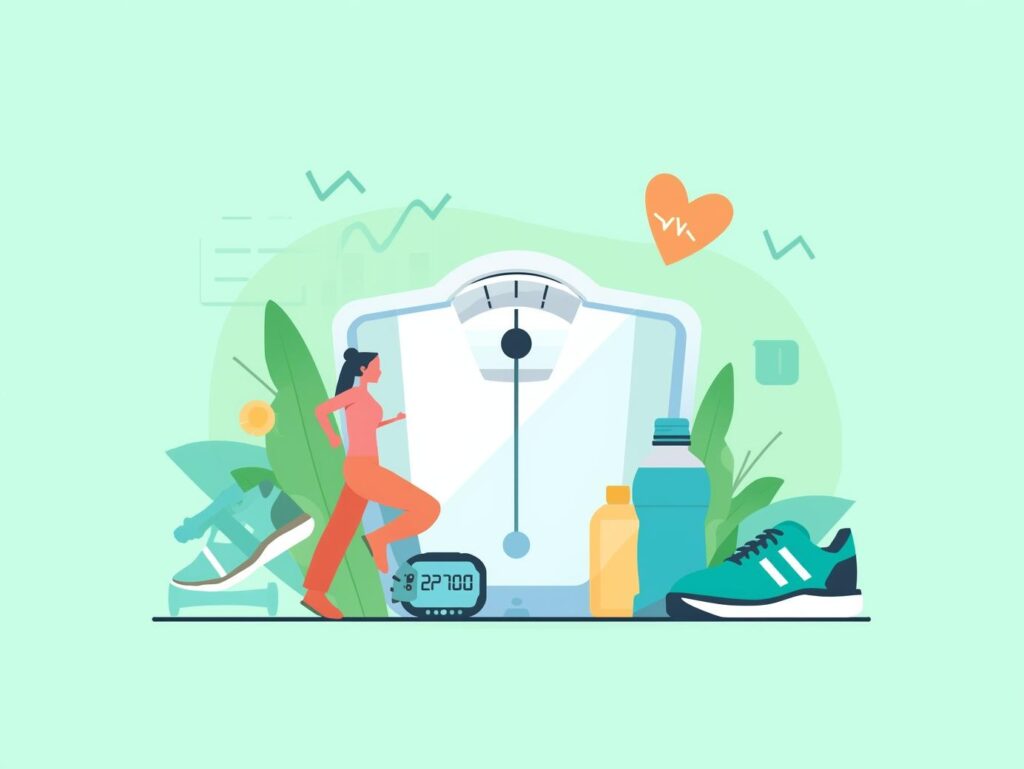 Health and fitness illustration for a calculator website featuring dumbbells, heart rate monitor, water bottle, yoga mat, and a digital dashboard with fitness charts. Include subtle icons like a calculator, heartbeat, stopwatch, and nutrition symbols. Modern flat and semi-3D style with green, blue, and white tones. Clean, energetic, wellness-focused, and professional design. Perfect for health, fitness, workout, nutrition, wellness, and calculator category thumbnails. Web-optimized and high resolution.