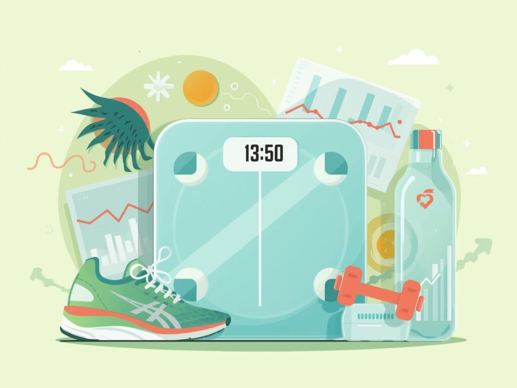 Health and fitness illustration for a calculator website featuring dumbbells, heart rate monitor, water bottle, yoga mat, and a digital dashboard with fitness charts. Include subtle icons like a calculator, heartbeat, stopwatch, and nutrition symbols. Modern flat and semi-3D style with green, blue, and white tones. Clean, energetic, wellness-focused, and professional design. Perfect for health, fitness, workout, nutrition, wellness, and calculator category thumbnails. Web-optimized and high resolution.