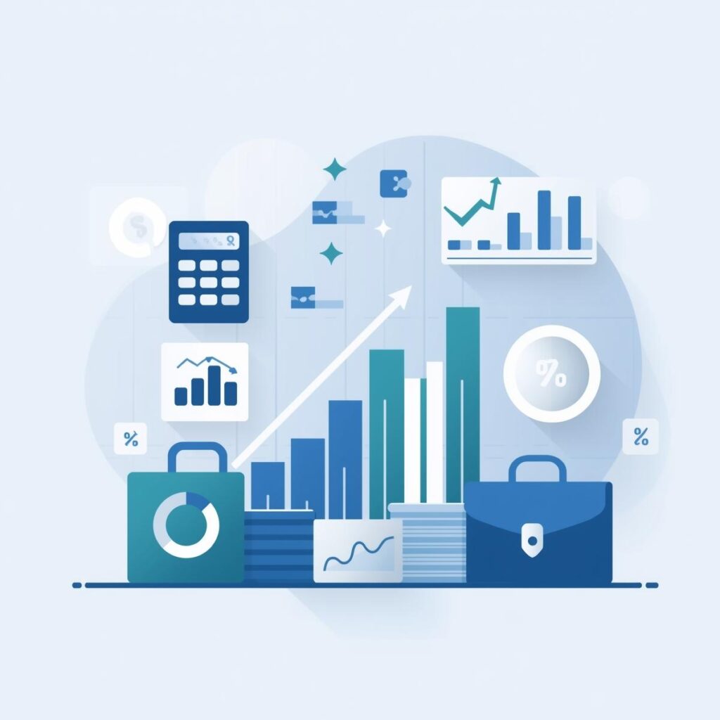 Finance and business illustration for a calculator website featuring financial charts, graphs, digital dashboards, calculator, dollar symbols, and bar charts. Modern flat and semi-3D style with navy blue, green, and gold tones. Clean, data-driven, analytical, and professional design. Perfect for finance calculators, business calculators, investment calculators, accounting calculators, budgeting calculators, and calculator category thumbnails. Web-optimized and high resolution.