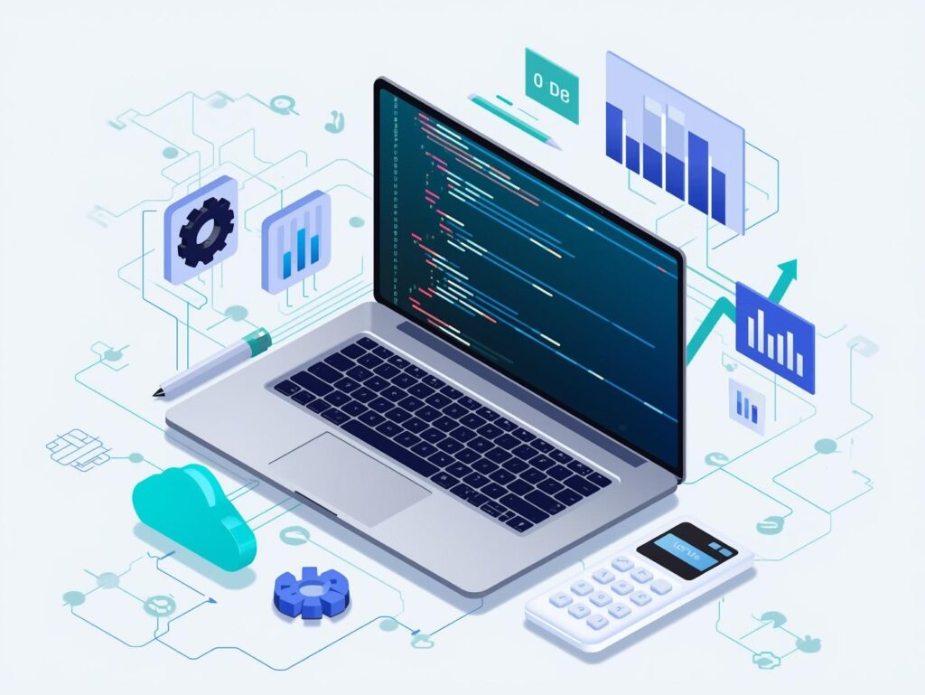 Tech and programming illustration for a calculator website featuring a laptop with code, circuit patterns, digital data charts, calculator, gear, binary code, and cloud symbol. Modern flat and semi-3D style with dark blue, teal, and white tones. Clean, innovative, tech-savvy, and professional design. Perfect for technology, programming, coding, software development, data analysis, and calculator category thumbnails. Web-optimized and high resolution.