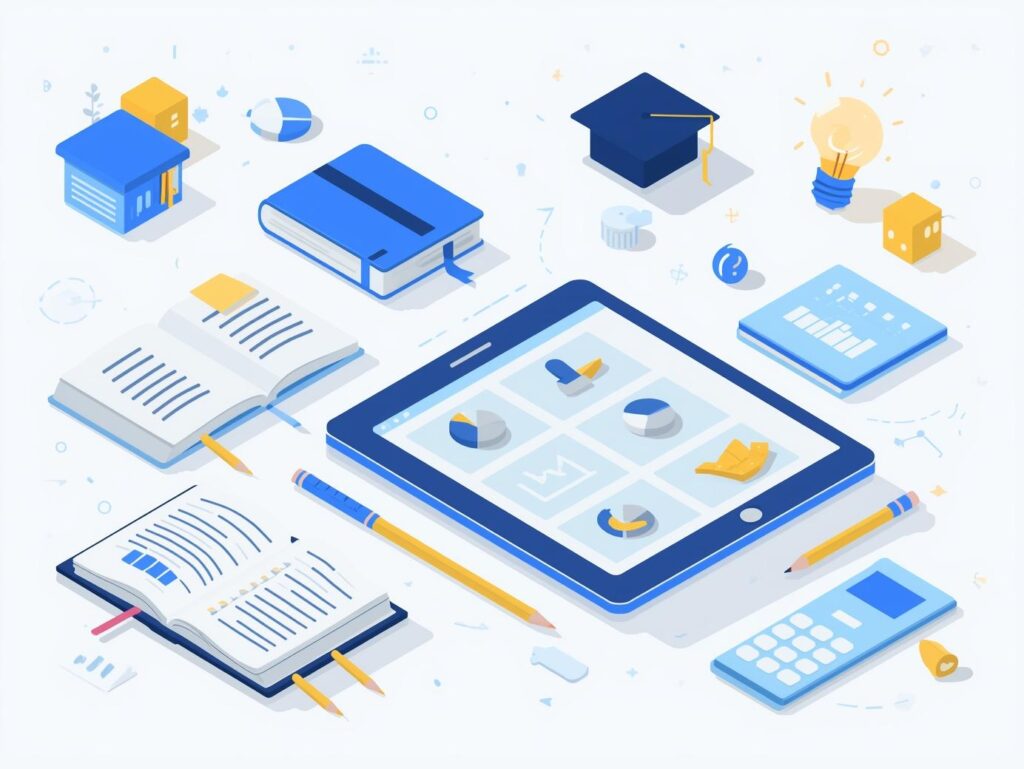 Education and academic illustration for a calculator website featuring books, open notebooks, pencils, digital tablet with charts and graphs, graduation cap, lightbulb, ruler, and calculator. Modern flat and semi-3D style with blue, yellow, and white tones. Clean, informative, learning-focused, and professional design. Perfect for education, academics, learning, study tools, student calculators, and calculator category thumbnails. Web-optimized and high resolution.
