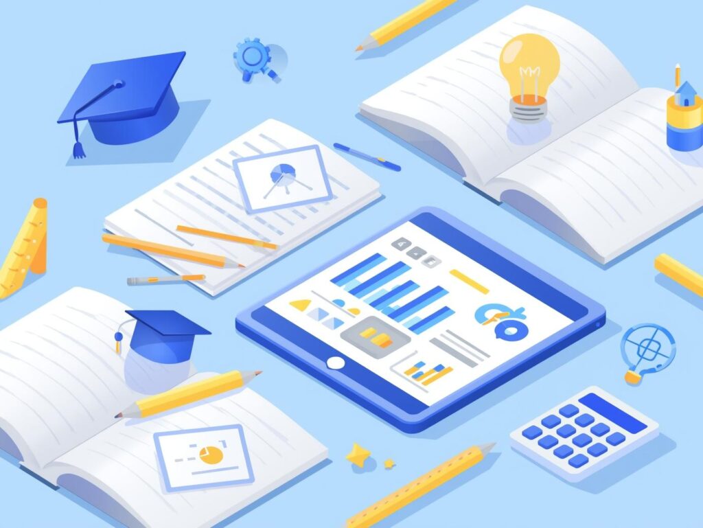 Education and academic illustration for a calculator website featuring books, open notebooks, pencils, digital tablet with charts and graphs, graduation cap, lightbulb, ruler, and calculator. Modern flat and semi-3D style with blue, yellow, and white tones. Clean, informative, learning-focused, and professional design. Perfect for education, academics, learning, study tools, student calculators, and calculator category thumbnails. Web-optimized and high resolution.