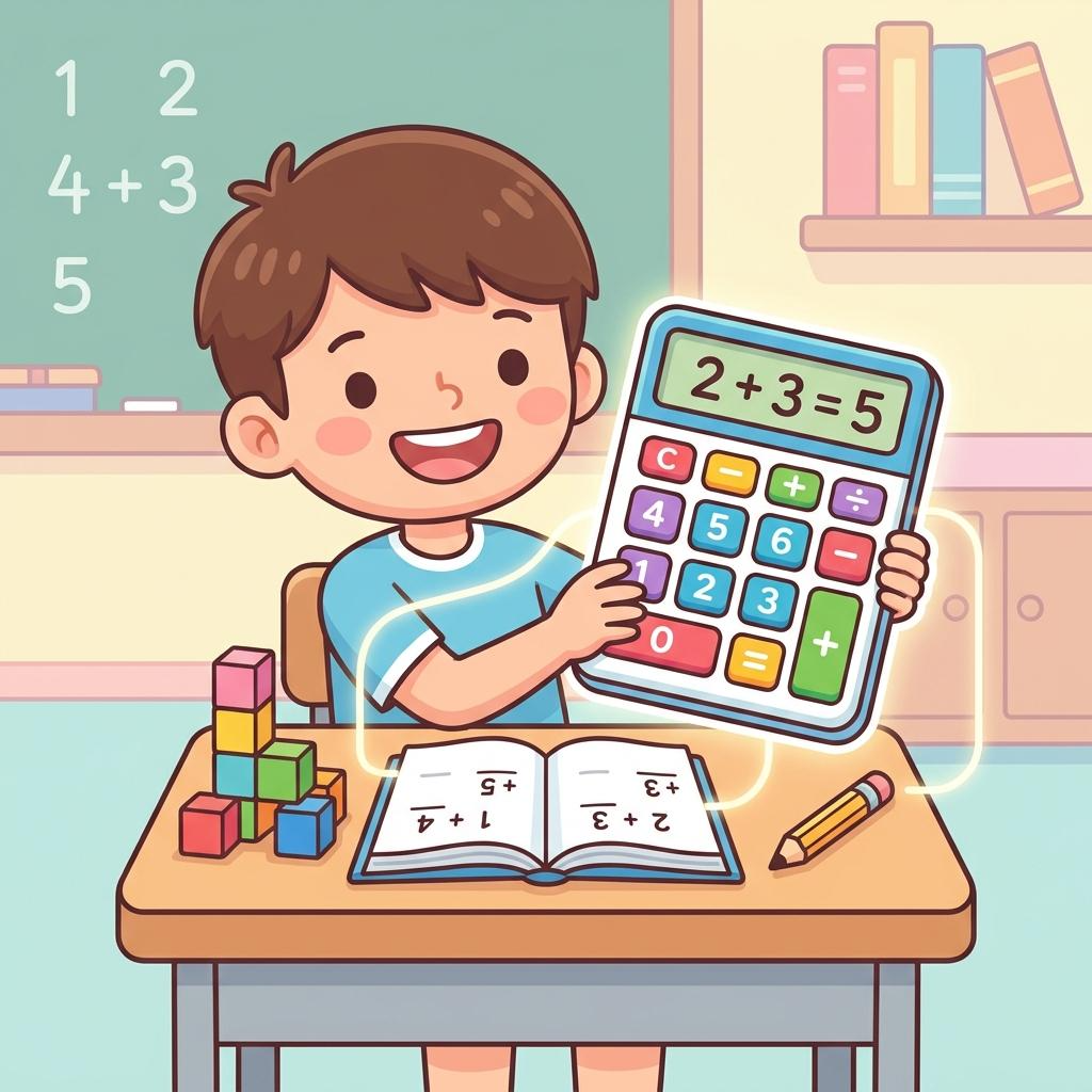 A guide on ToolzDaily answering "What Is the Best Addition Calculator for First-Grade Students?" featuring a cute calculator illustration in a classroom setting.