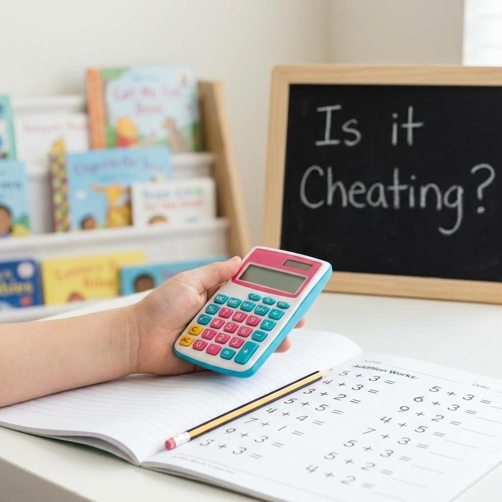 A student solving addition problems using a digital calculator, featured on ToolzDaily, with a chalkboard asking "Is it Cheating?" in an educational setting.