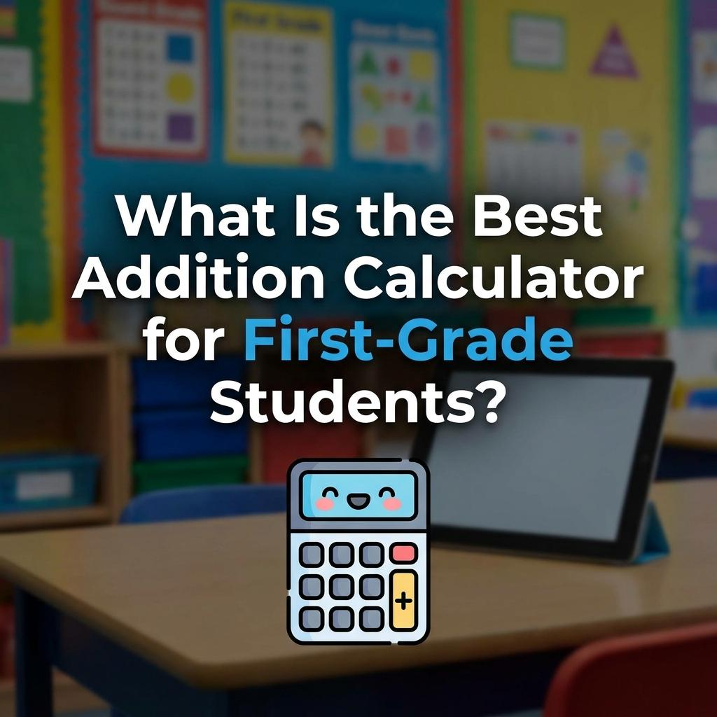A guide on ToolzDaily answering "What Is the Best Addition Calculator for First-Grade Students?" featuring a cute calculator illustration in a classroom setting.
